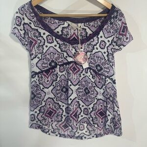 Odd Molly White Purple Pattern Scoop Neck Short Sleeve